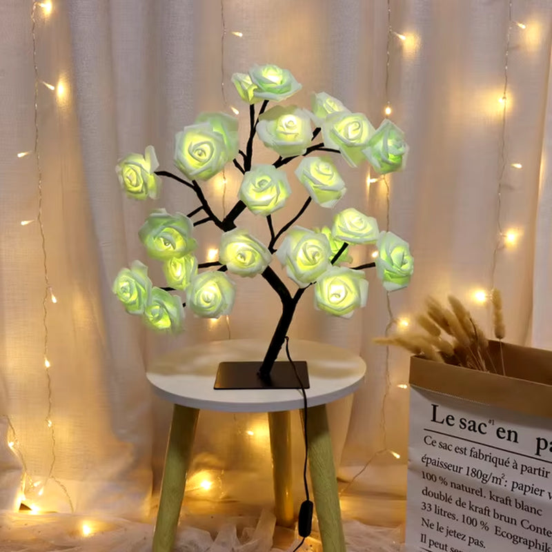 24 LED Rose Flower Tree Lights USB Table Lamp Fairy Maple Leaf Night Light Home Party Christmas Wedding Bedroom Decoration Gift