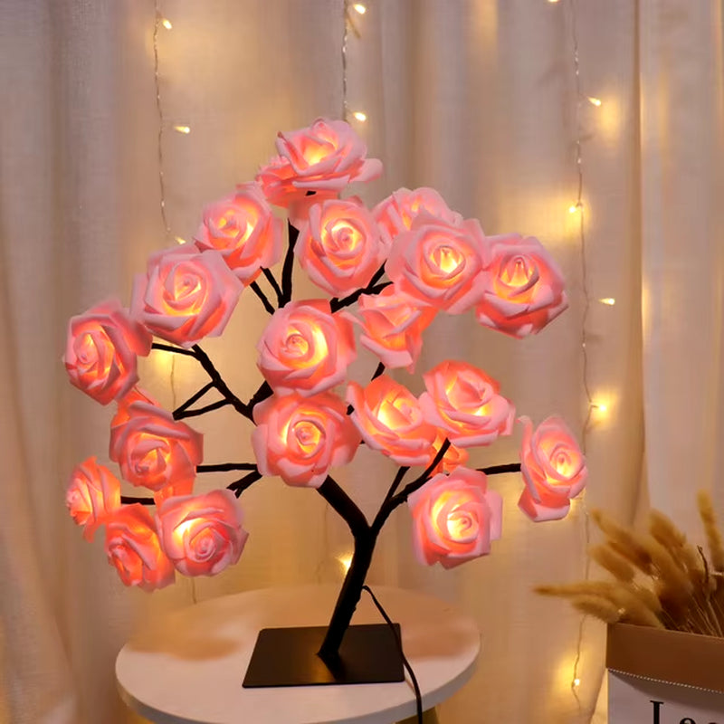 24 LED Rose Flower Tree Lights USB Table Lamp Fairy Maple Leaf Night Light Home Party Christmas Wedding Bedroom Decoration Gift