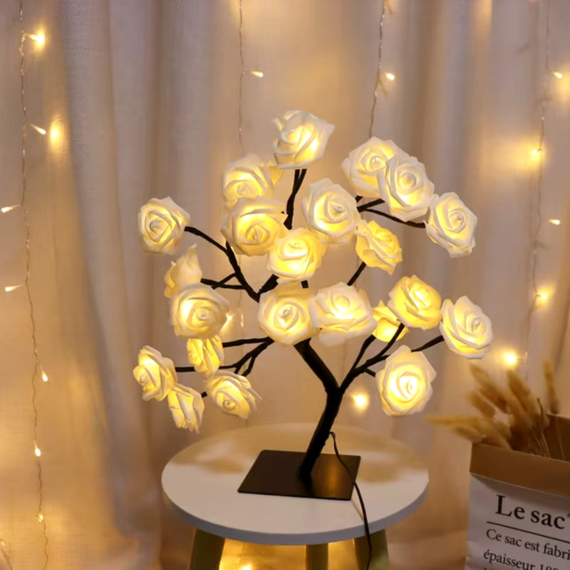 24 LED Rose Flower Tree Lights USB Table Lamp Fairy Maple Leaf Night Light Home Party Christmas Wedding Bedroom Decoration Gift